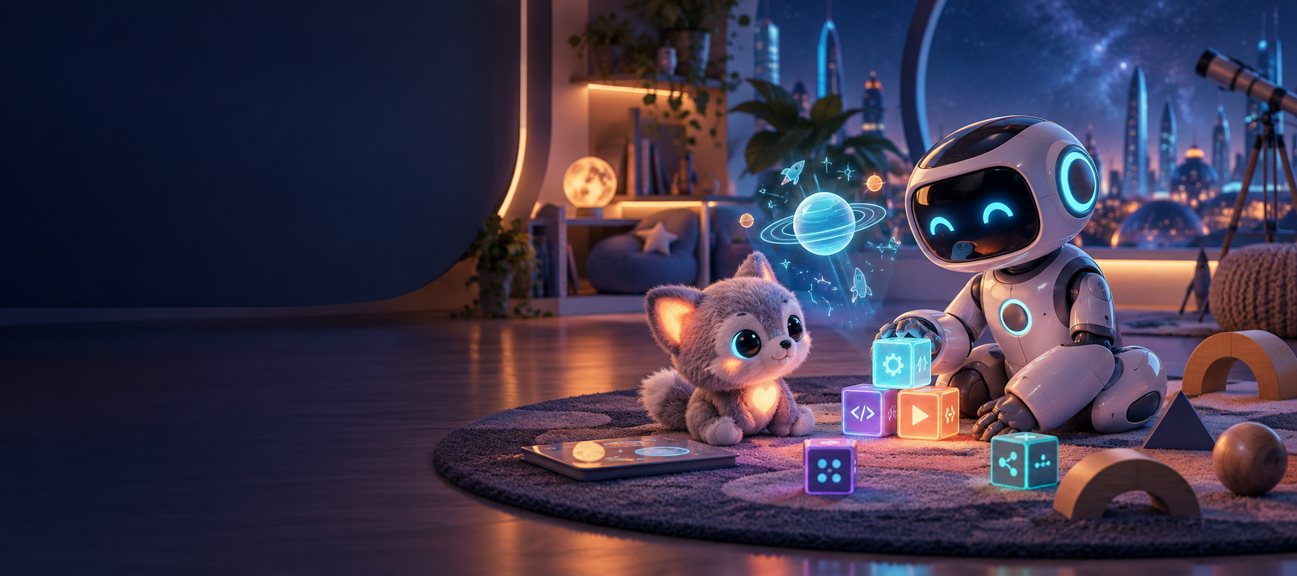 Illustration d’un robot compagnon et d’une peluche interactive parmi des jouets connectés